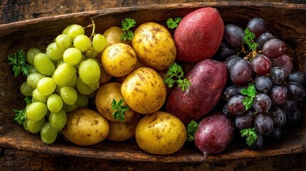 Fresh Potatoes and Grapes in Rustic Wooden Bowl Arrangement