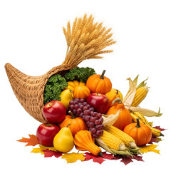 Abundant harvest of colorful fruits and vegetables spilling from a cornucopia, symbolizing autumn and Thanksgiving