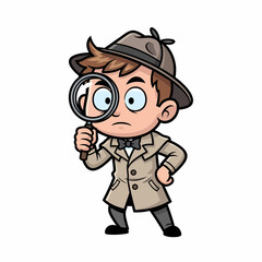 Cartoon Detective Boy with Magnifying Glass and Bowtie Investigating Closely.