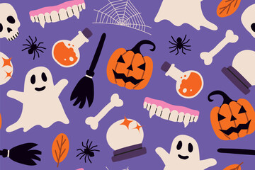 seamless Halloween pattern with Jack o lantern, vampire teeth, ghost, skull, bone, broom, spiderweb, potion, crystal ball, autumn leaf- vector illustration