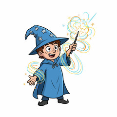Cartoon Boy Wizard Casting Spell with Magic Wand and Starry Hat.