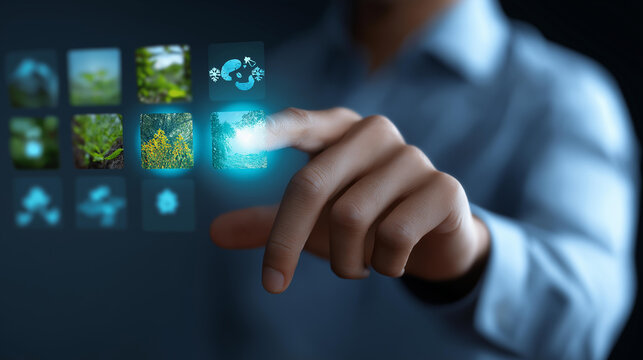 A professional showcases a sustainable ecosystem with biodiversity icons, hyper-realistic symbols of nature and harmony, moody shadows on a digital interface, bright saturation in