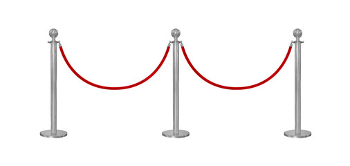 Silver stanchions with a red rope isolated © Supachai