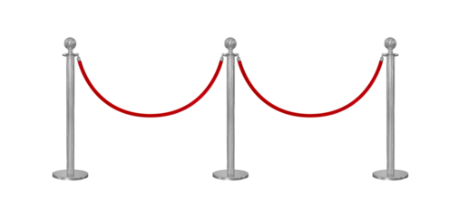 Silver stanchions with a red rope isolated