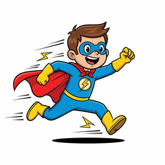 Cartoon Superhero Boy Running with Red Cape and Yellow Lightning Bolt Emblem.