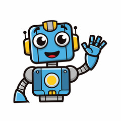 Fototapeta premium Cheerful Blue Cartoon Robot Waving with a Friendly Smile and Rounded Features.