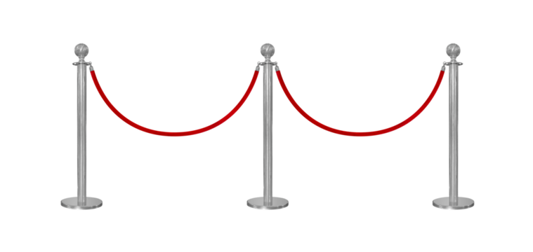 Silver stanchions with a red rope isolated