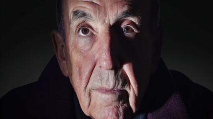 Elderly man portrait body language thoughtful expression dramatic lighting close up