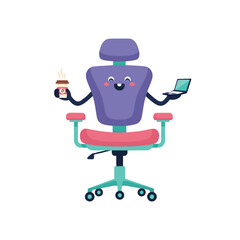 Happy Office Chair with Coffee and Laptop Fun Illustration