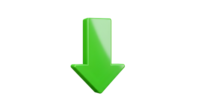 Bright green 3D arrow icon pointing down indicating direction, download, or navigation concept isolated PNG with Transparent Background