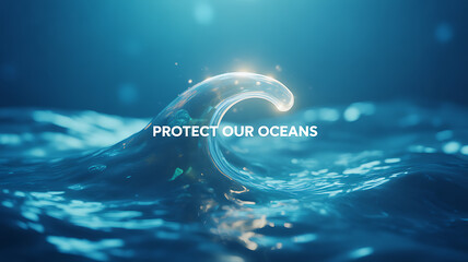 A glowing ocean wave with the text 'Protect Our Oceans' overlaid, emphasizing marine conservation.