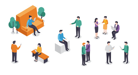 Isometric business people in office setting engaged in teamwork and collaboration