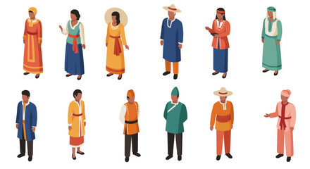 Diverse cultural attire collection showcasing traditional costumes in isometric design