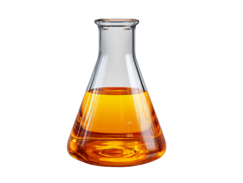 Erlenmeyer flask filled with amber liquid, lab reflections, isolated, transparent PNG