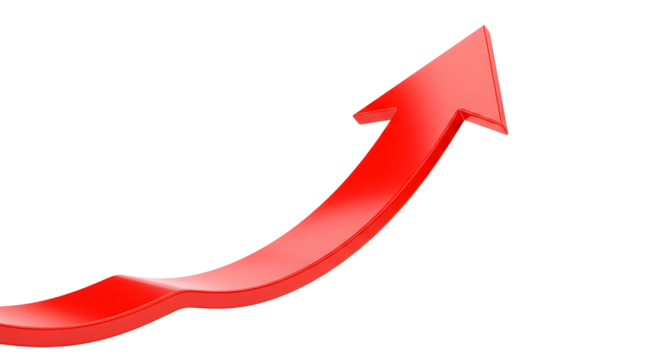 Red curved arrow pointing up symbolizing business growth, success, increasing sales, and improvement strategy isolated PNG with Transparent Background
