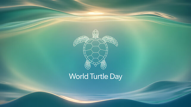 World Turtle Day illustration featuring a stylized turtle silhouette against a serene ocean backdrop with flowing waves and soft lighting.