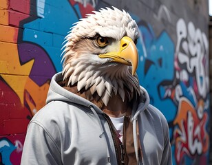 A person wearing an eagle mask, urban backdrop