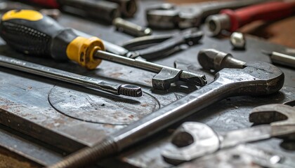 Fototapeta premium Close-up of workshop tools arranged on a work surface, showcasing various hand tools, wrenches, and screwdrivers in natural lighting