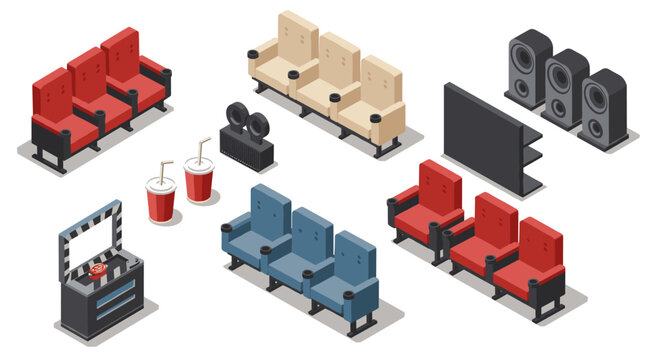 Isometric cinema elements with seats, screen, and refreshments for theater design
