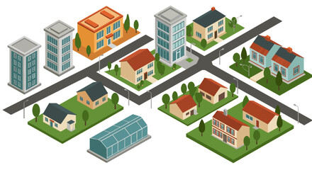 Isometric urban neighborhood with buildings and streets