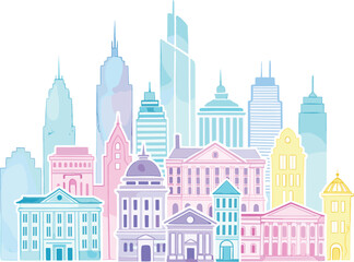 Fototapeta premium Stylized pastel cityscape with classical, modern, and gothic buildings, colorful rooftops, whimsical architecture, vibrant urban skyline vector illustration