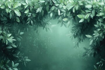 Green leaves frame background with mist effect and copy space. Ideal for nature-themed designs, invitations, or digital backdrops.