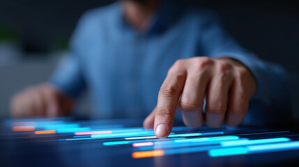 Naklejka premium A manager reviews a 2023 project timeline on a digital interface, hyper-realistic milestone icons with vivid details, moody shadows on a screen, bright saturation in planning visua