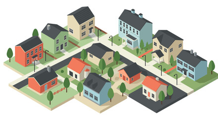 Charming isometric neighborhood with colorful houses and trees