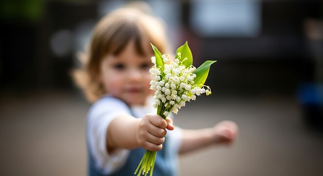 Little girl offering delicate lily of the valley flowers bouquet outdoors