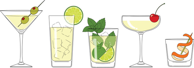 Cocktail glass set vector with martini, highball, rocks, coupe, shot drinks and garnishes for bar, party, and mixology themes