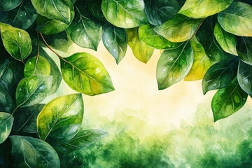 Lush green leaves frame a golden backdrop in a watercolor style design. Use as background to convey a natural, organic, or peaceful theme.