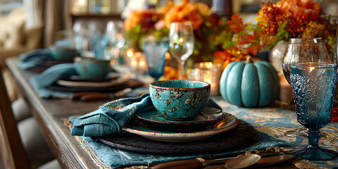 Fototapeta premium Elegant dining table setting with autumn-themed decorations and teal napkins.