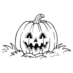 halloween pumpkin  Vector art of a simple black and white line drawing of a jackolantern with a friendly face, perfect for halloween coloring pages and festive designs, the pumpkin sits on grass