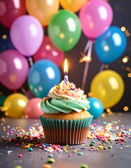 Birthday cupcake with colorful balloons