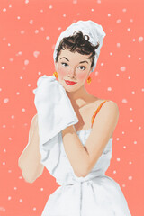 Elegant woman in white towel coral polka dots vintage french spa
