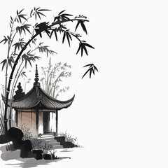 Tranquil Pagodas at Sunset Serene Bamboo Courtyard at Sunset