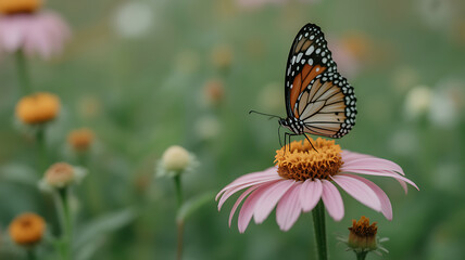 Obraz premium Monarch butterfly perched on a pink daisy in a garden setting
