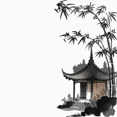 Tranquil Pagodas at Sunset Serene Bamboo Courtyard at Sunset