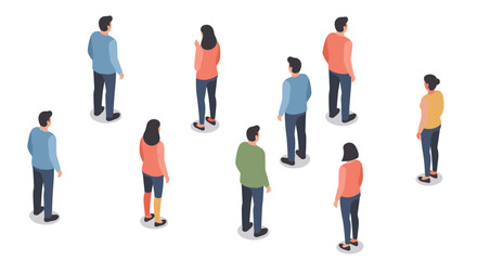 Fototapeta premium Diverse group of isometric people standing in casual attire on white background