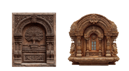 Intricate Carved Wooden Doors isolated on transparent background