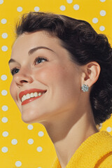 Dreamy woman with pearl earrings yellow polka dots vintage elegance