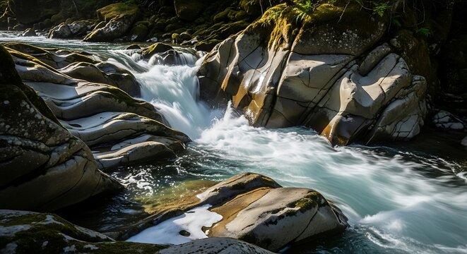 Fast flowing river cascading over rocks in a mountain stream.