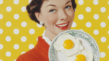 Sunny breakfast woman with fried eggs yellow vintage french cuisine