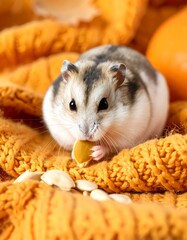 Cute hamster eating pumpkin seed on orange knitted fabric