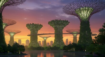 A scenic twilight view featuring a futuristic garden with giant tree-like structures and a city skyline in the background. The scene exudes a sense of innovation and natural beauty.