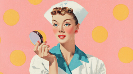 Feminine pink powder compact woman vintage french beauty makeup