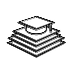 Stylized white outline of a graduation cap resting atop a stack of books on a black background