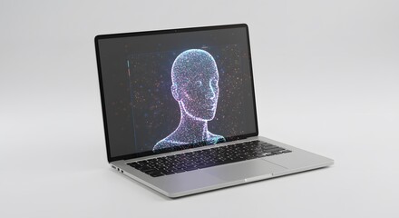 A laptop displaying a futuristic digital human face, symbolizing technology and innovation
