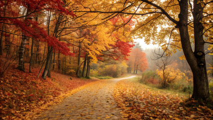 Fototapeta premium Winding path through autumn woods with vibrant red and yellow foliage full hd 4k stock image download
