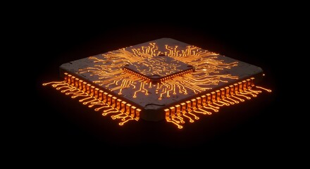 An illuminated central processing unit (CPU) with golden circuits and a striking visual